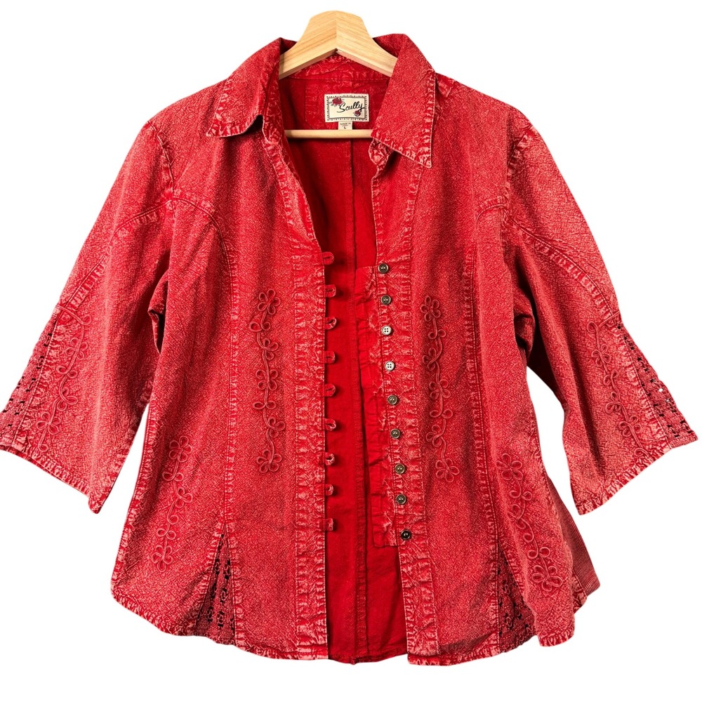 Scully Womens Red Acid Wash Embroidered Cotton Button Front Shirt Jacket Large